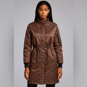 Women’s Brown Bomber Jacket Cinched Waist MA-1 Style Orange Lining Size L